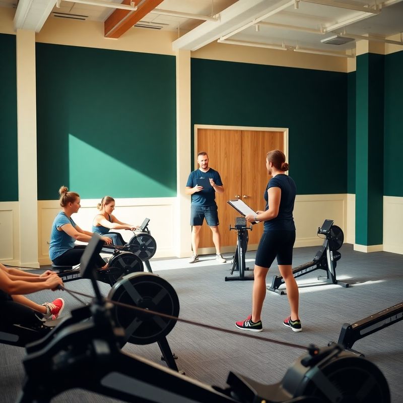 Small group class of athletes on Concept2 rowers with a coach reviewing a clipboard
