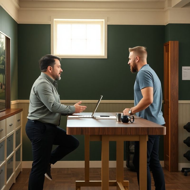Coach and prospective member in conversation at a standing desk with natural window light