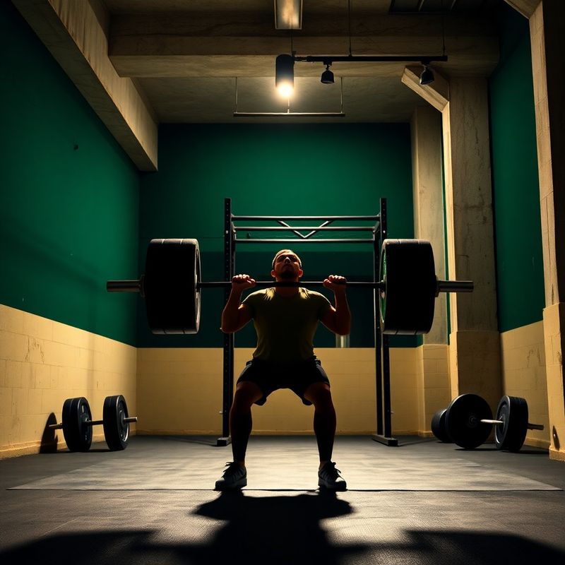 Athlete mid-deadlift under directional spotlight in a forest-green and cream training floor