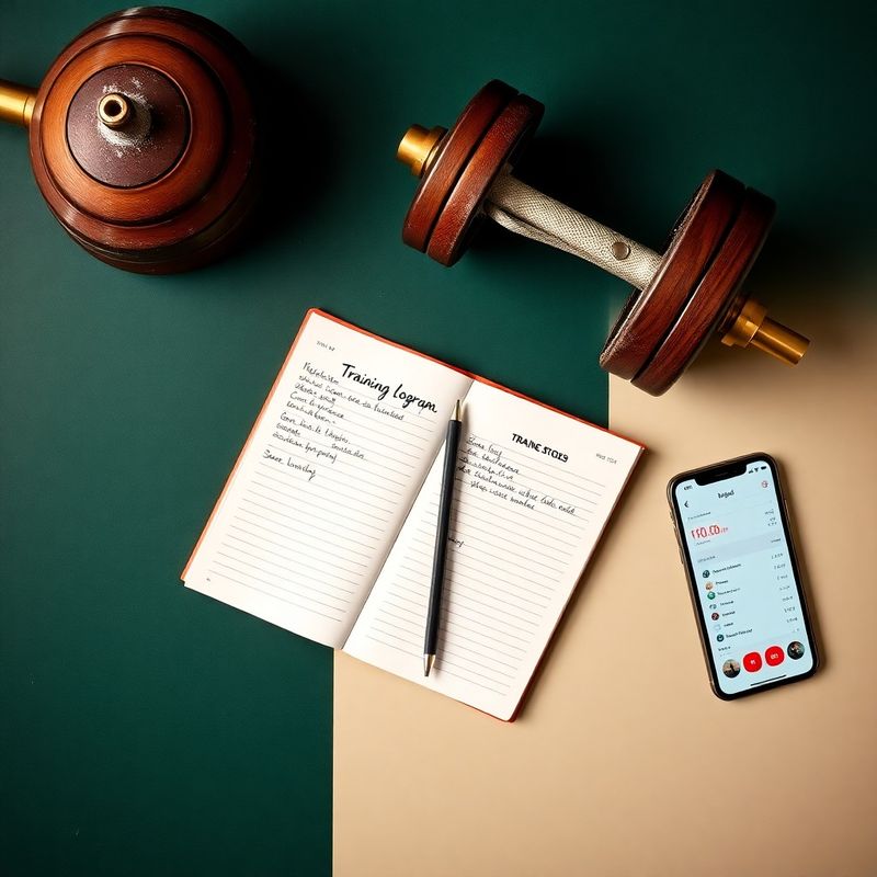 Overhead flat lay of a training logbook, barbell collar, and app on a forest-green and cream surface
